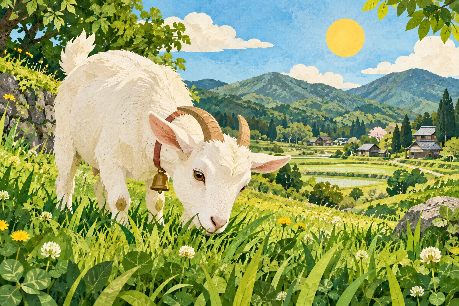 緑の草地で草を食べる白いヤギのイラスト